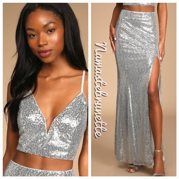 Nwt Lulu's Spotlights Shining Silver Sequin Two-Piece Maxi Dress - Picture 2 of 14